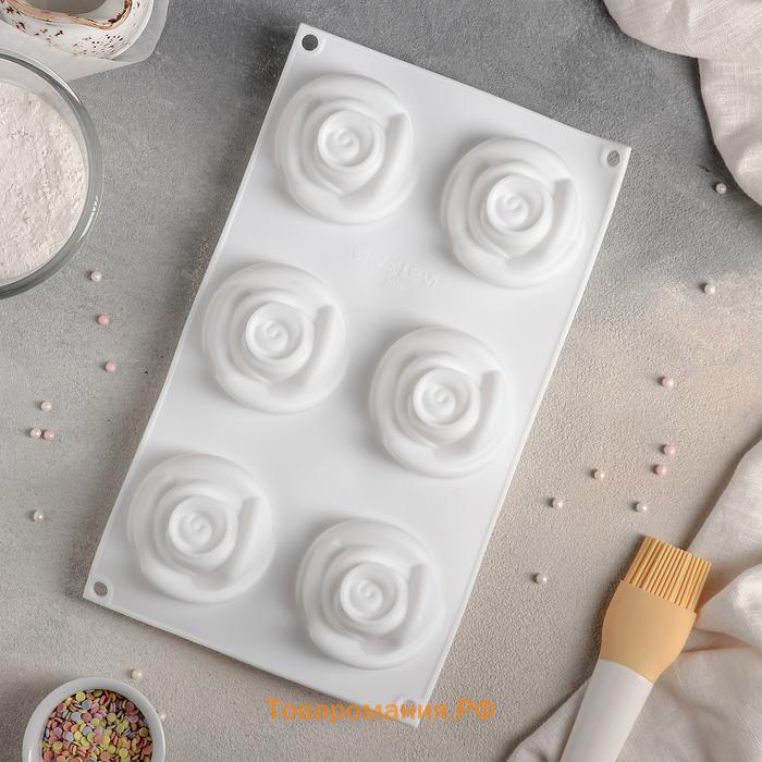 Форма для муссовых десертов и выпечки KONFINETTA «Розы», 30×17.5×6 см, 6 ячеек (6.5×6.8 см), белая
