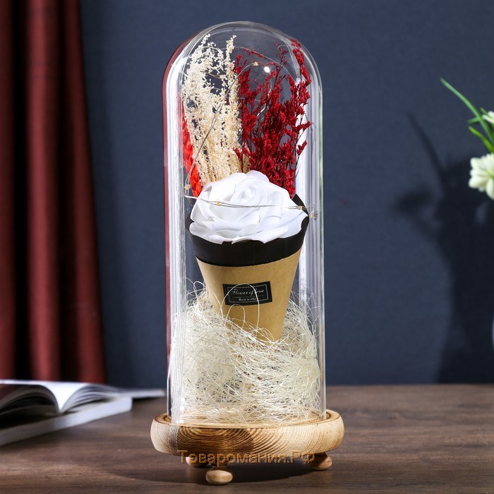 Фигурка светящаяся колба RISALUX «Белая роза в букете», LED-ночник, 3×ААА, 10×10×21 см