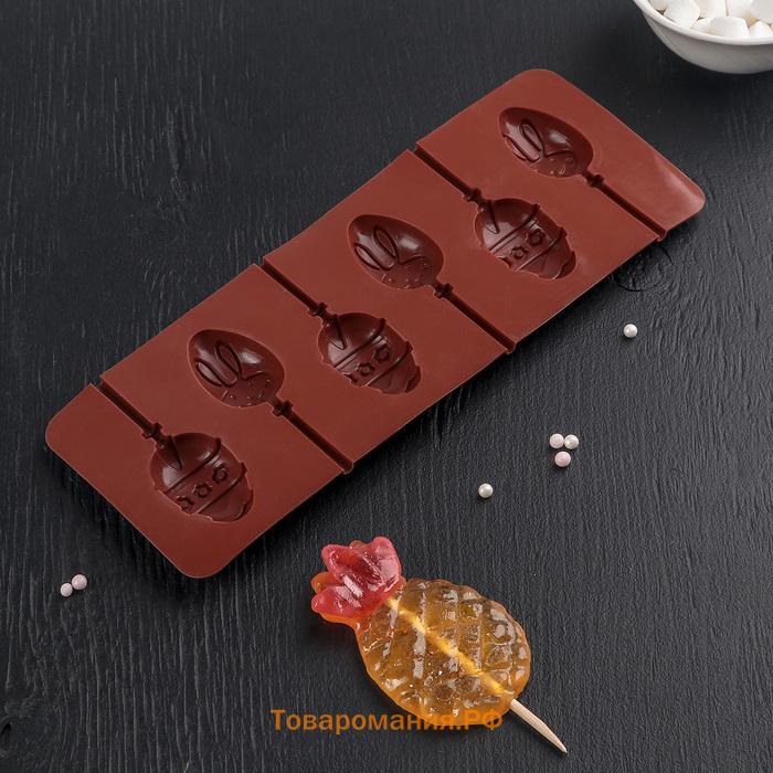 Форма для леденцов  «Пасхальный кролик», силикон, 26×10×1 см, 6 ячеек, с палочками, цвет коричневый