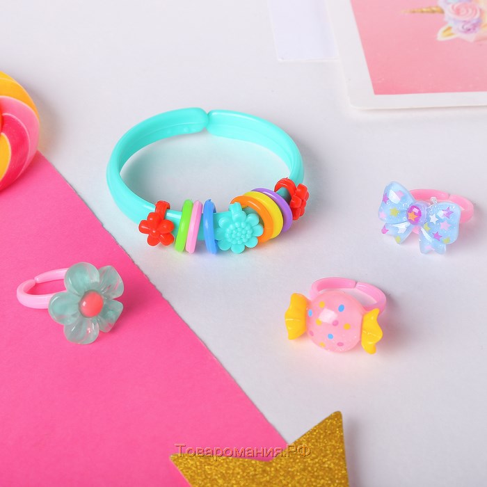 Набор детский «Выбражулька» 4 предмета: браслет, 3 кольца, ассорти, форма МИКС, цвет МИКС