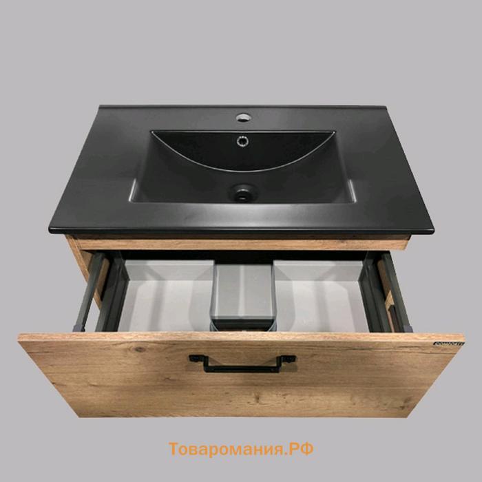 Тумба-умывальник COMFORTY «Бредфорд-75», дуб темный с раковиной COMFORTY 75E, черная матовая   51475