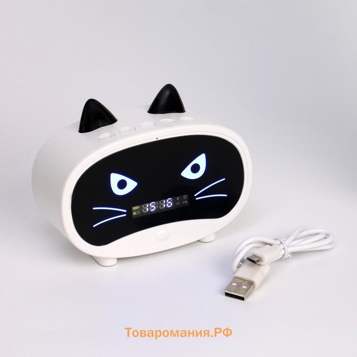 Часы - будильник электронные "Кошка" настольные: колонка, bluetooth, tf-карта, 11.5 см, USB