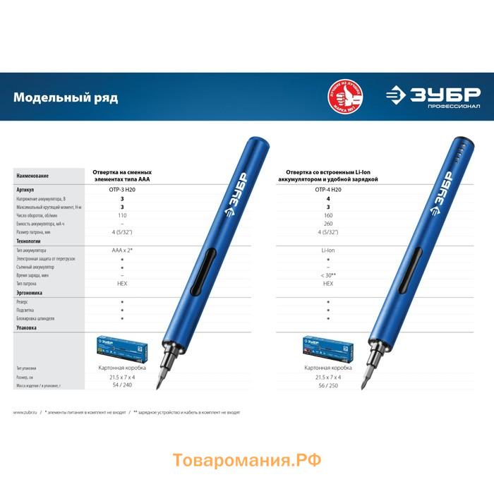 Отвертка аккум. для точных работ ЗУБР ОТР-4 Н20, 4 В, набор 20 бит