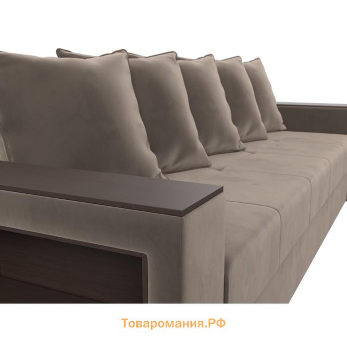 Прямой диван «Дубай лайт», еврокнижка, полки слева, велюр, цвет коричневый