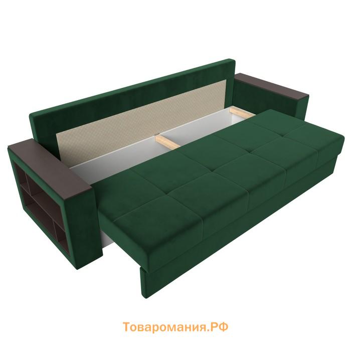 Прямой диван «Дубай лайт», еврокнижка, полки слева, велюр, цвет зелёный