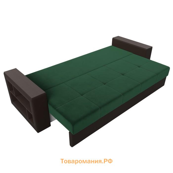 Прямой диван «Дубай лайт», еврокнижка, полки слева, велюр зелёный / экокожа коричневый