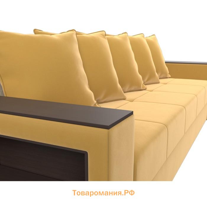 Прямой диван «Дубай лайт», еврокнижка, полки слева, микровельвет, цвет жёлтый