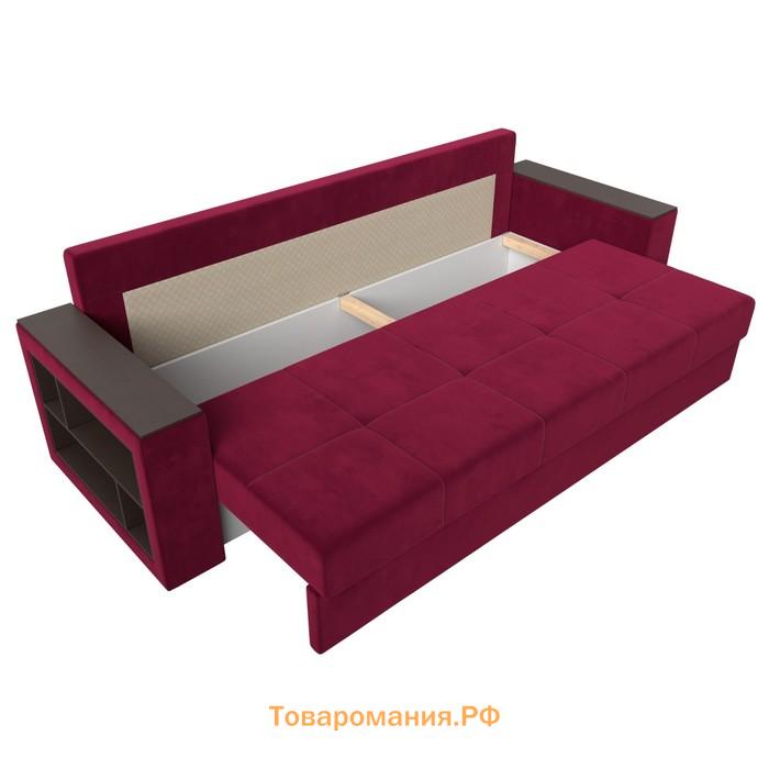 Прямой диван «Дубай лайт», еврокнижка, полки слева, микровельвет, цвет бордовый