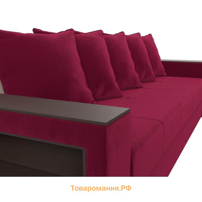Прямой диван «Дубай лайт», еврокнижка, полки слева, микровельвет, цвет бордовый