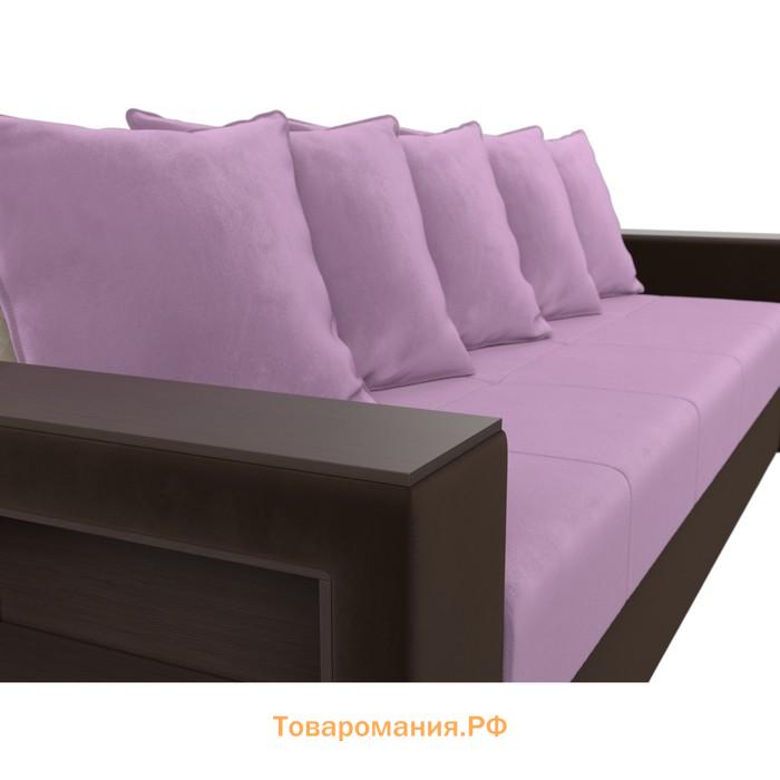 Прямой диван «Дубай лайт», еврокнижка, полки слева, микровельвет, сиреневый / коричневый