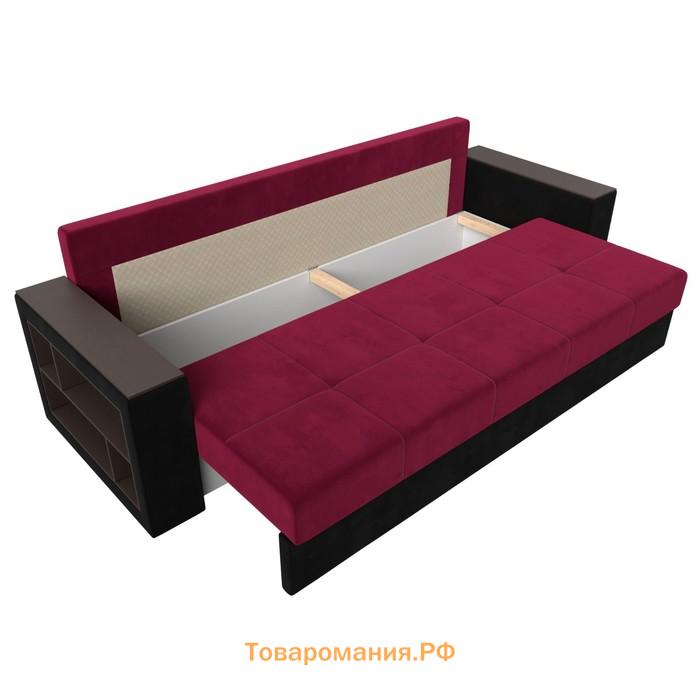 Прямой диван «Дубай лайт», еврокнижка, полки слева, микровельвет, цвет бордовый / чёрный