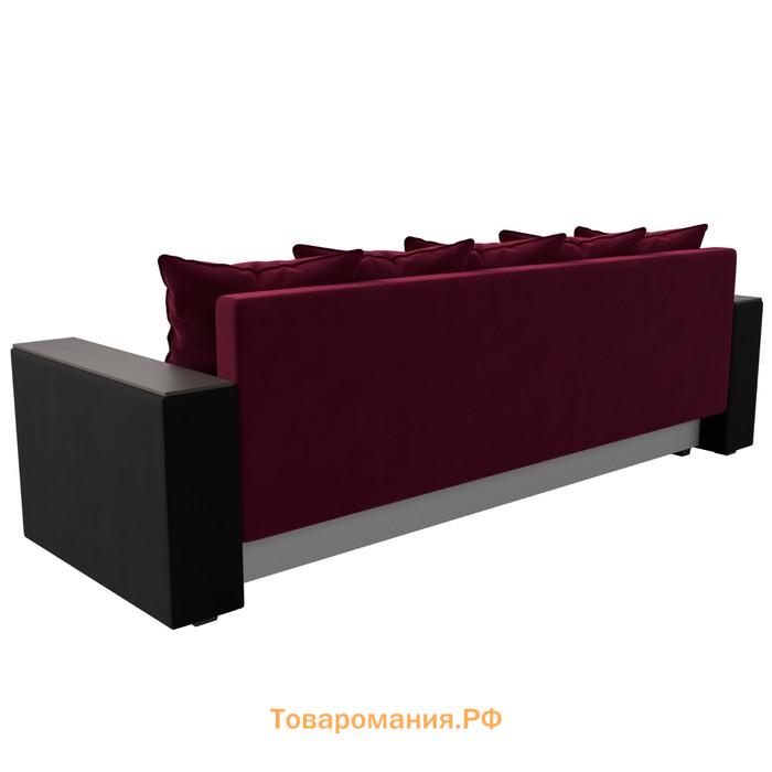 Прямой диван «Дубай лайт», еврокнижка, полки слева, микровельвет, цвет бордовый / чёрный