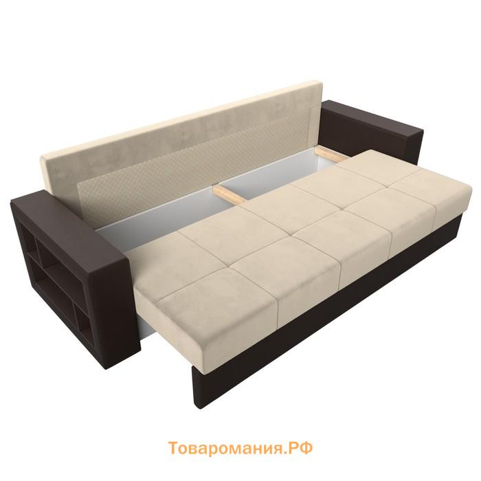Прямой диван «Дубай лайт», полки слева, цвет микровельвет бежевый / экокожа коричневый