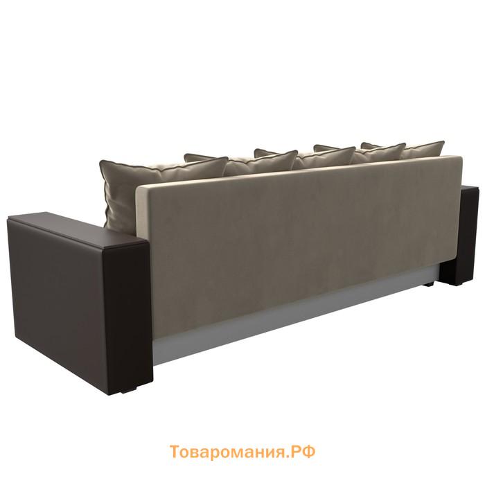 Прямой диван «Дубай лайт», полки слева, цвет микровельвет бежевый / экокожа коричневый