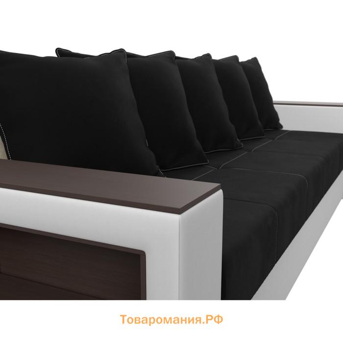 Прямой диван «Дубай лайт», еврокнижка, полки слева, микровельвет чёрный / экокожа белый