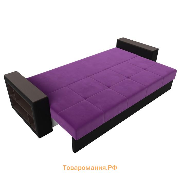 Прямой диван «Дубай лайт», полки слева, цвет микровельвет фиолетовый / экокожа чёрный