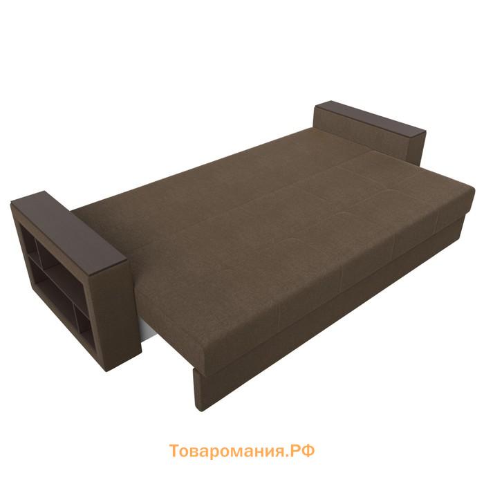 Прямой диван «Дубай лайт», еврокнижка, полки слева, рогожка, цвет коричневый