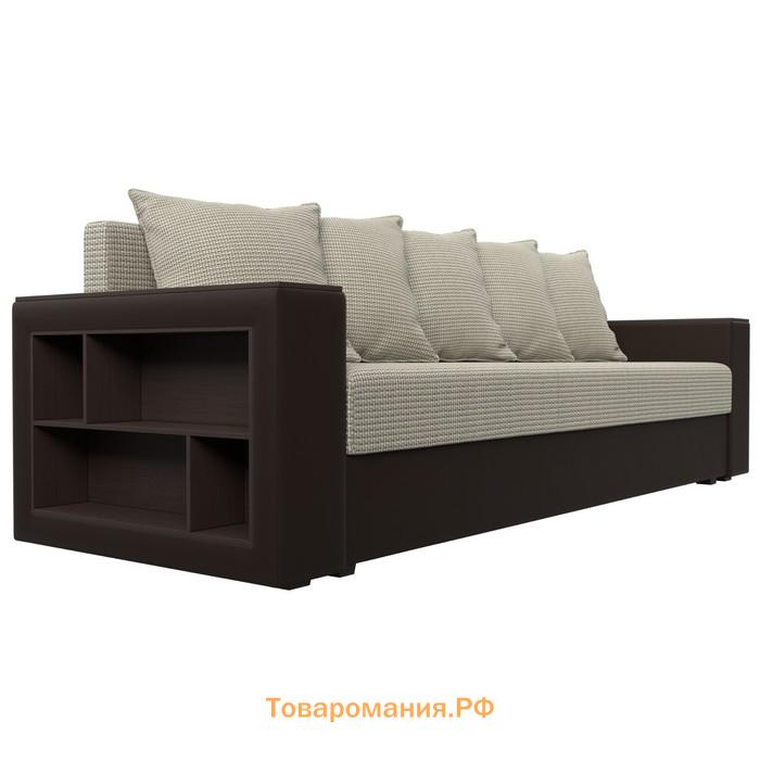 Прямой диван «Дубай лайт», еврокнижка, полки слева, рогожка корфу 02 / экокожа коричневый