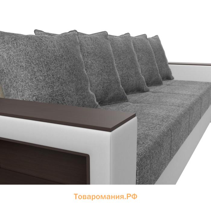 Прямой диван «Дубай лайт», еврокнижка, полки слева, цвет рогожка серый / экокожа белый