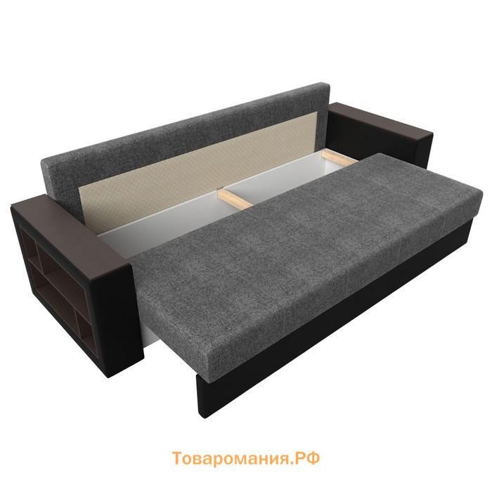 Прямой диван «Дубай лайт», еврокнижка, полки слева, цвет рогожка серый / экокожа чёрный