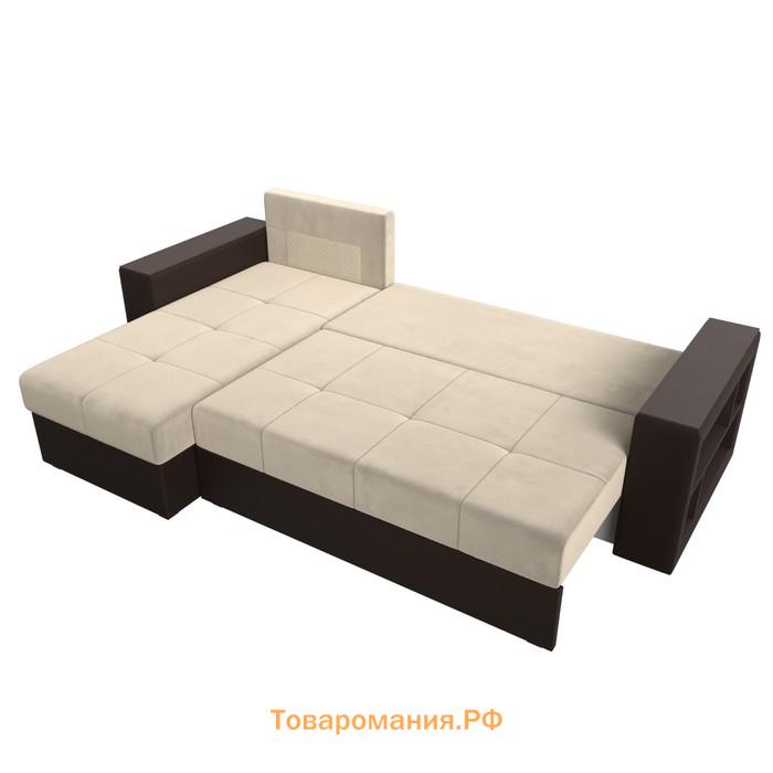 Угловой диван «Дубай лайт», угол левый, цвет микровельвет бежевый / экокожа коричневый
