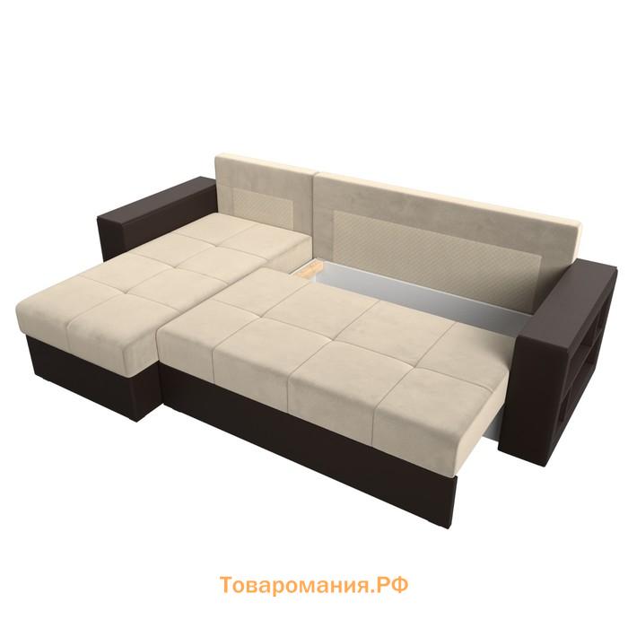 Угловой диван «Дубай лайт», угол левый, цвет микровельвет бежевый / экокожа коричневый