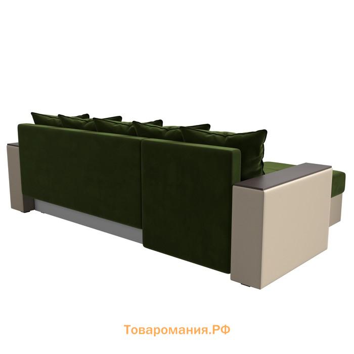 Угловой диван «Дубай лайт», еврокнижка, угол левый, микровельвет зелёный / экокожа бежевый