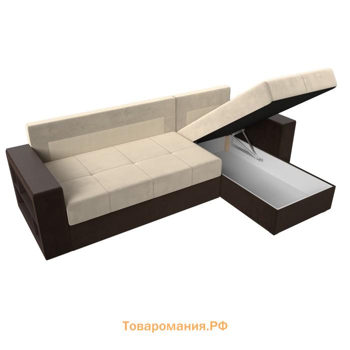 Угловой диван «Дубай лайт», еврокнижка, угол правый, микровельвет, бежевый / коричневый