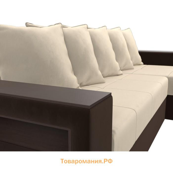 Угловой диван «Дубай лайт», еврокнижка, угол правый, микровельвет, бежевый / коричневый