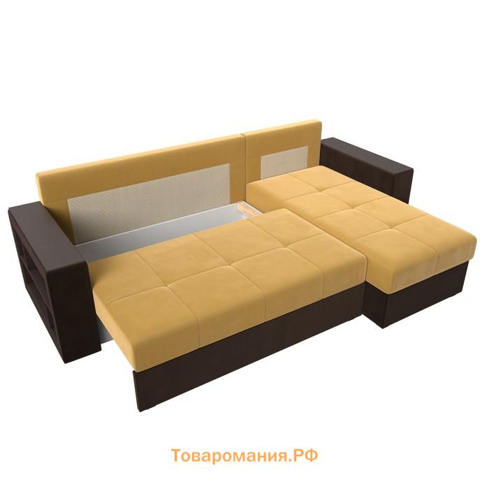 Угловой диван «Дубай лайт», еврокнижка, угол правый, микровельвет, жёлтый / коричневый