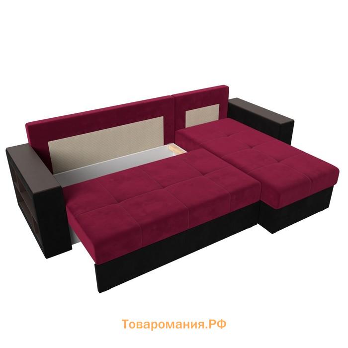 Угловой диван «Дубай лайт», еврокнижка, угол правый, микровельвет, цвет бордовый / чёрный