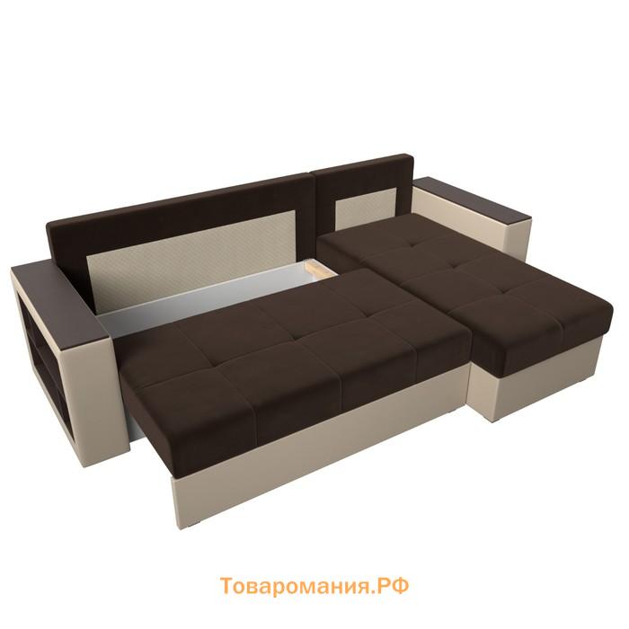 Угловой диван «Дубай лайт», угол правый, цвет микровельвет коричневый / экокожа бежевый