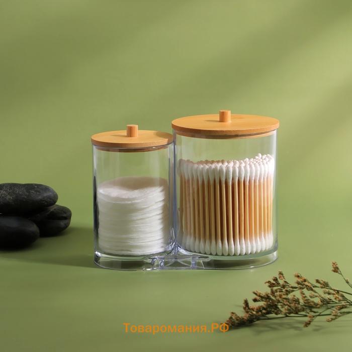 Органайзер для ватных палочек и дисков BAMBOO, с крышкой, 15.5×8.5×12 см, прозрачный, коричневый