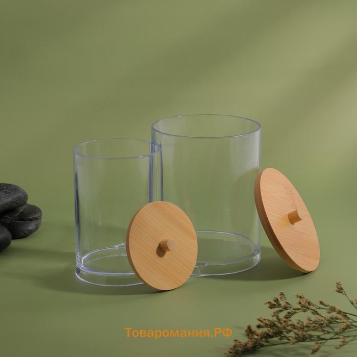 Органайзер для ватных палочек и дисков BAMBOO, с крышкой, 15.5×8.5×12 см, прозрачный, коричневый