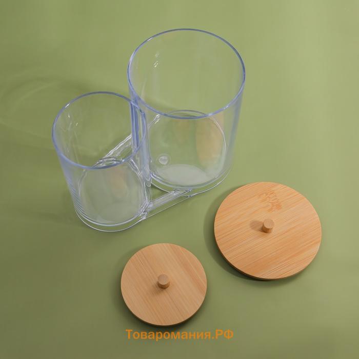 Органайзер для ватных палочек и дисков BAMBOO, с крышкой, 15.5×8.5×12 см, прозрачный, коричневый
