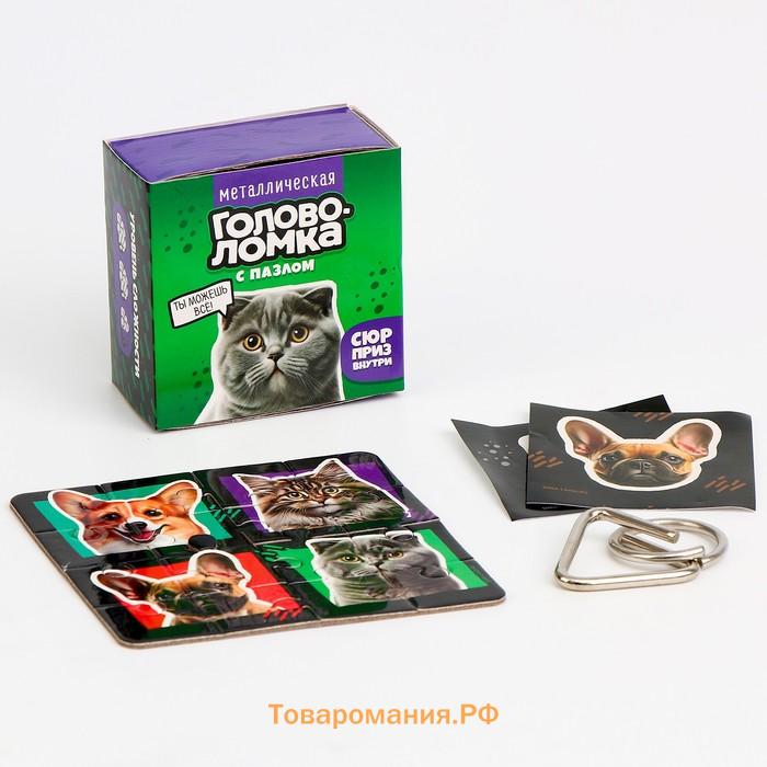 Металлическая головоломка с пазлами и наклейками «Котики, собачки», МИКС