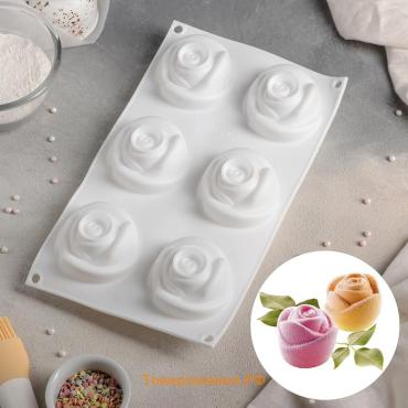 Форма для муссовых десертов и выпечки KONFINETTA «Розы», 30×17.5×6 см, 6 ячеек (6.5×6.8 см), белая
