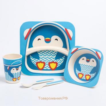 Набор детской бамбуковой посуды «Пингвин», тарелка, миска, стакан, приборы, 5 предметов