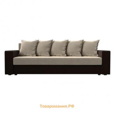 Прямой диван «Дубай лайт», еврокнижка, полки слева, микровельвет, бежевый / коричневый