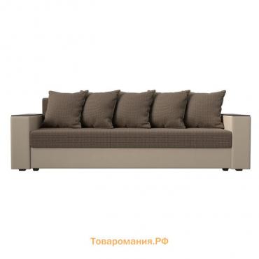 Прямой диван «Дубай лайт», еврокнижка, полки слева, рогожка корфу 03 / экокожа бежевый