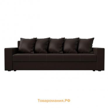Прямой диван «Дубай лайт», еврокнижка, полки слева, экокожа, цвет коричневый