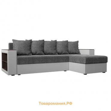 Угловой диван «Дубай лайт», еврокнижка, угол правый, цвет рогожка серый / экокожа белый
