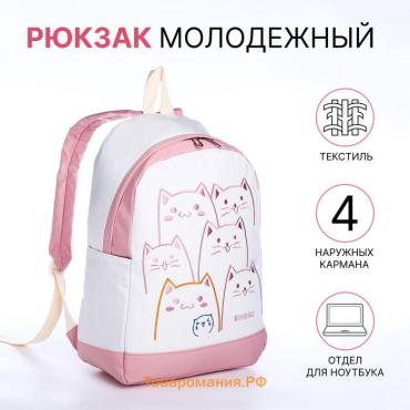 Рюкзак школьный Funny cats на молнии, с карманами, белый/розовый
